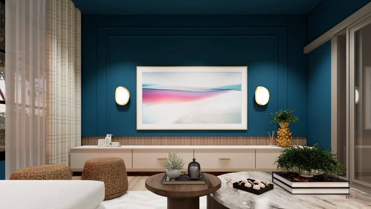 Consola de TV con obra de arte en la sala mid-century